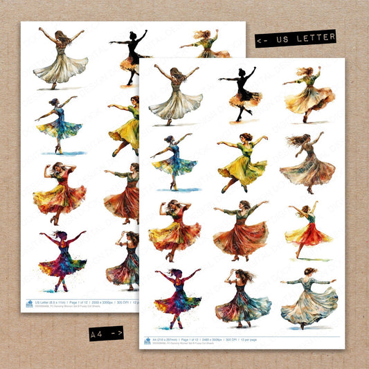 A4 and US Letter format comparison showing Dancing Woman B fussy cut pages for print and cut crafting