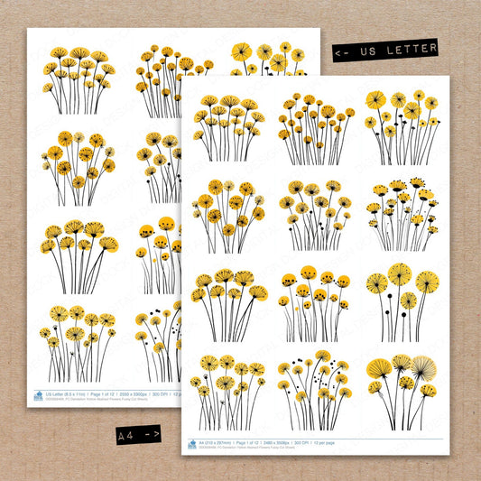 A4 and US Letter format comparison showing Dandelion Yellow Abstract Flowers fussy cut pages for print and cut crafting