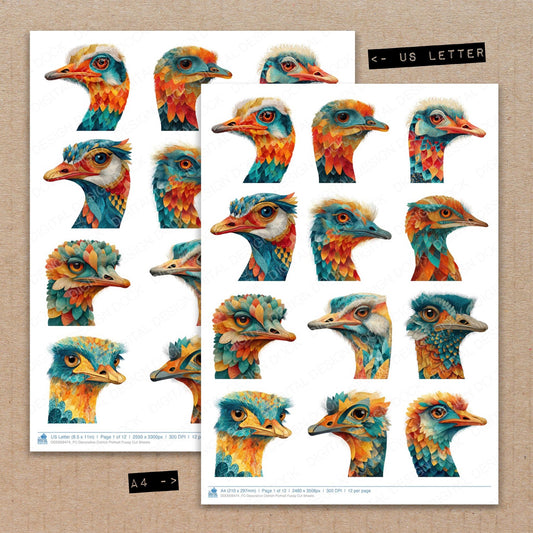 A4 and US Letter format comparison showing Decorative Ostrich Portrait fussy cut pages for print and cut crafting