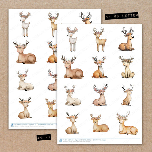 A4 and US Letter format comparison showing Deer Wearing Flower Crown fussy cut pages for print and cut crafting