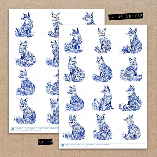 A4 and US Letter format comparison showing Delftware style Fox fussy cut pages for print and cut crafting