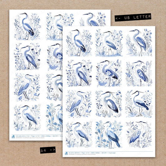 A4 and US Letter format comparison showing Delftware style Heron fussy cut pages for print and cut crafting