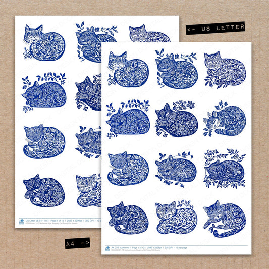 A4 and US Letter format comparison showing Delftware style Sleeping Cat fussy cut pages for print and cut crafting