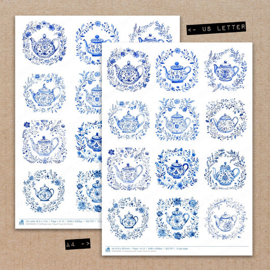 A4 and US Letter format comparison showing Delftware style Teapot fussy cut pages for print and cut crafting