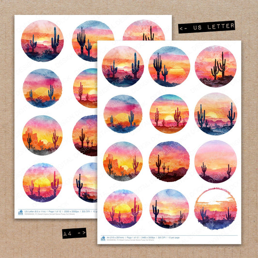 A4 and US Letter format comparison showing Desert Cactus Sunset Scene fussy cut pages for print and cut crafting