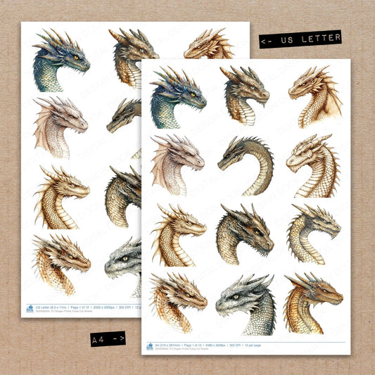 A4 and US Letter format comparison showing Dragon Profile fussy cut pages for print and cut crafting