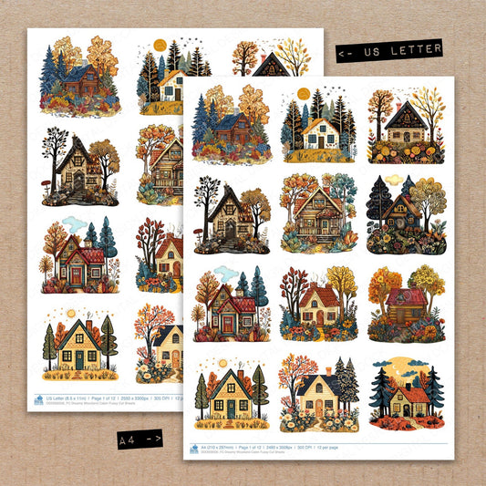 A4 and US Letter format comparison showing Dreamy Woodland Cabin fussy cut pages for print and cut crafting