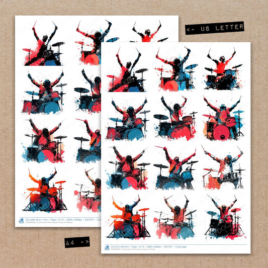 A4 and US Letter format comparison showing Drummer Performance fussy cut pages for print and cut crafting