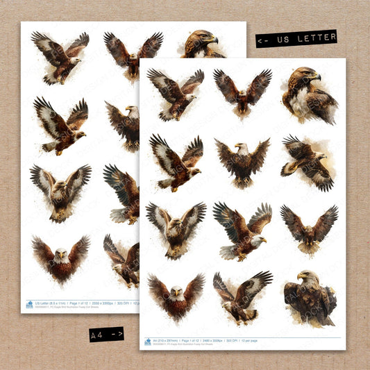 A4 and US Letter format comparison showing Eagle Bird Illustration fussy cut pages for print and cut crafting