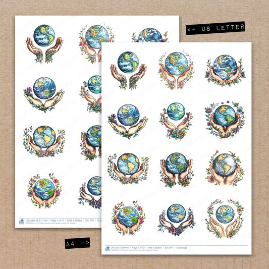 A4 and US Letter format comparison showing Earth Above Floral Hands fussy cut pages for print and cut crafting