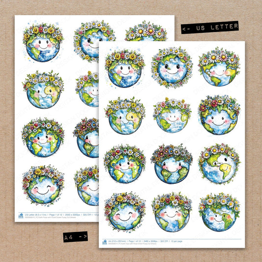 A4 and US Letter format comparison showing Earth Face with Floral Crown fussy cut pages for print and cut crafting