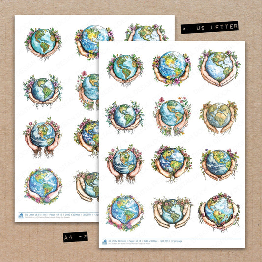 A4 and US Letter format comparison showing Earth in Floral Hands fussy cut pages for print and cut crafting