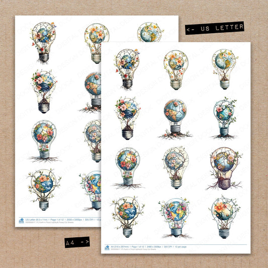 A4 and US Letter format comparison showing Earth in Floral Lightbulb fussy cut pages for print and cut crafting