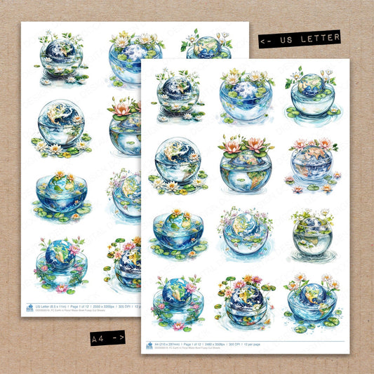 A4 and US Letter format comparison showing Earth in Floral Water Bowl fussy cut pages for print and cut crafting