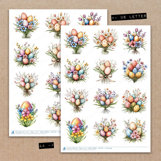 A4 and US Letter format comparison showing Easter Egg Spring Bouquet fussy cut pages for print and cut crafting