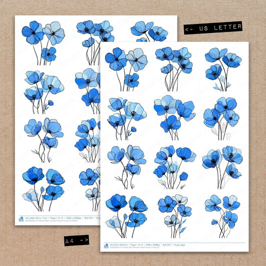 A4 and US Letter format comparison showing Electric Blue Abstract Flowers fussy cut pages for print and cut crafting