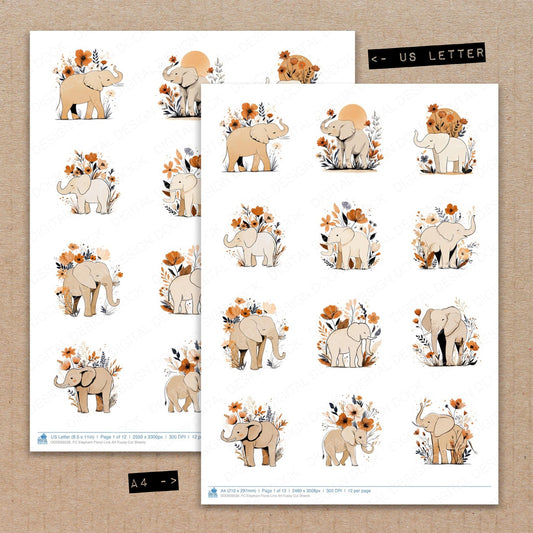 A4 and US Letter format comparison showing Elephant Floral Line Art fussy cut pages for print and cut crafting