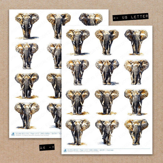 A4 and US Letter format comparison showing Elephant Watercolour Illustration fussy cut pages for print and cut crafting
