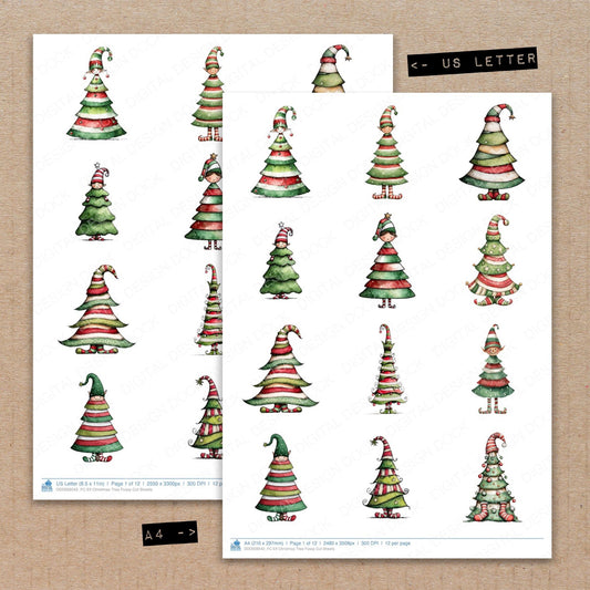 A4 and US Letter format comparison showing Elf Christmas Tree fussy cut pages for print and cut crafting