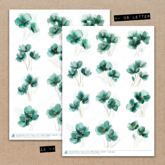 A4 and US Letter format comparison showing Emerald Green Abstract Flowers fussy cut pages for print and cut crafting