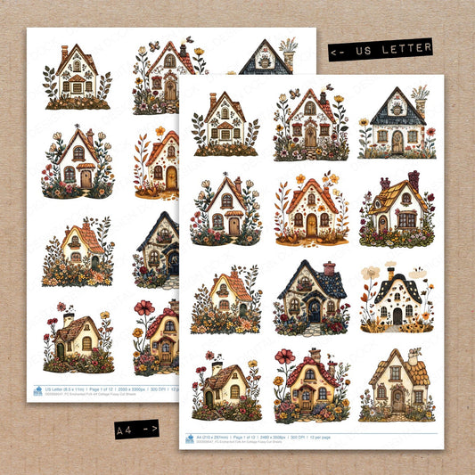 A4 and US Letter format comparison showing Enchanted Folk Art Cottage fussy cut pages for print and cut crafting