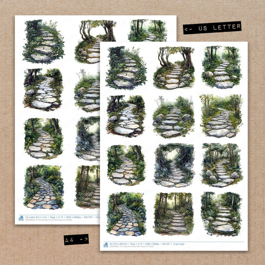 A4 and US Letter format comparison showing Enchanted Forest Path fussy cut pages for print and cut crafting