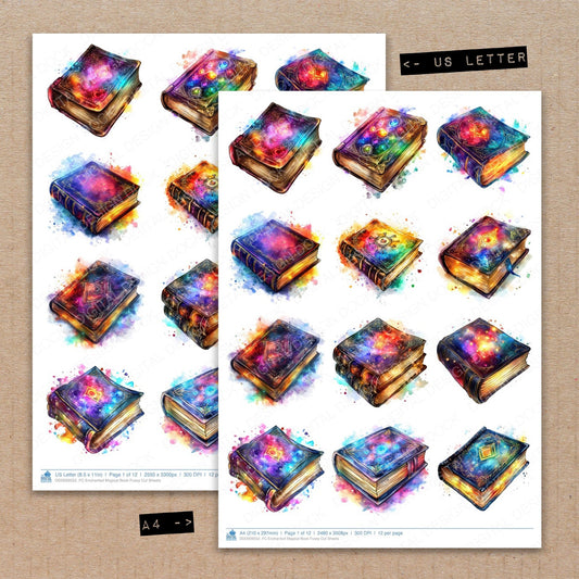 A4 and US Letter format comparison showing Enchanted Magical Book fussy cut pages for print and cut crafting