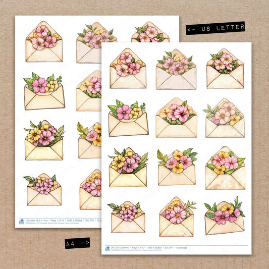 A4 and US Letter format comparison showing Envelope Stuffed with Flowers fussy cut pages for print and cut crafting