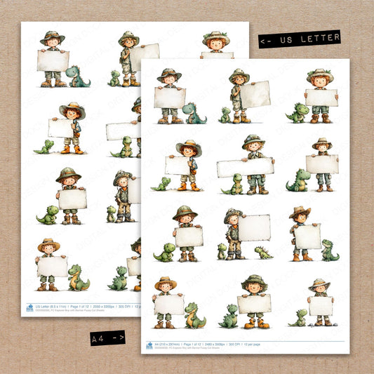 A4 and US Letter format comparison showing Explorer Boy with Banner fussy cut pages for print and cut crafting