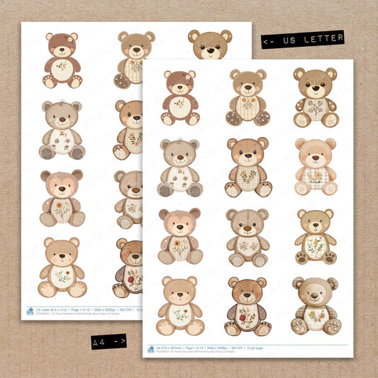 A4 and US Letter format comparison showing Fabric Decorative Stitched Baby Bear fussy cut pages for print and cut crafting