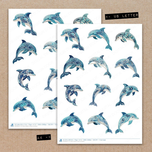 A4 and US Letter format comparison showing Fabric Dolphin fussy cut pages for print and cut crafting