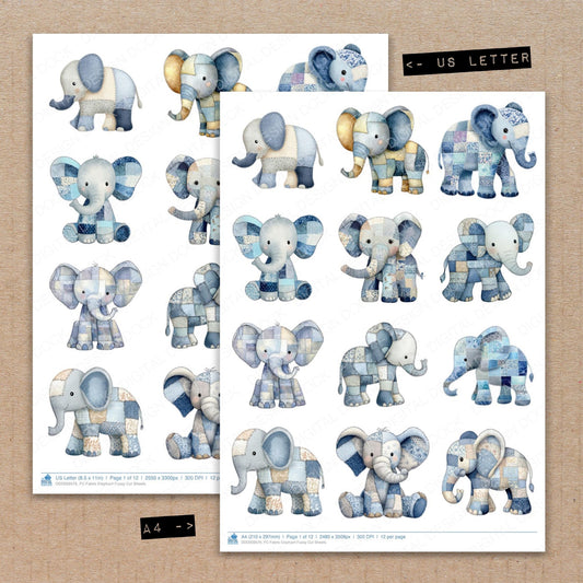 A4 and US Letter format comparison showing Fabric Elephant fussy cut pages for print and cut crafting