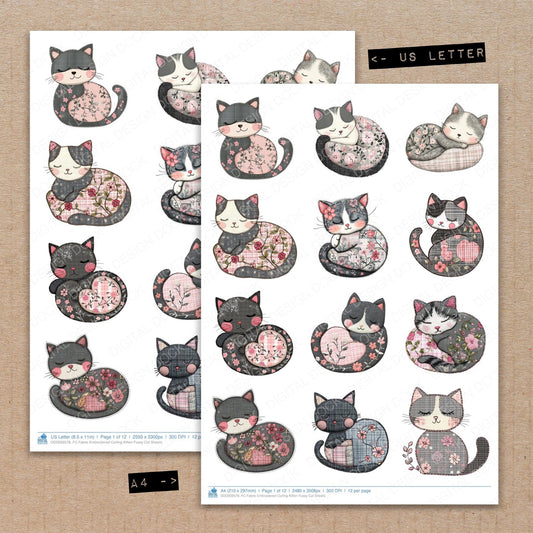 A4 and US Letter format comparison showing Fabric Embroidered Curling Kitten fussy cut pages for print and cut crafting