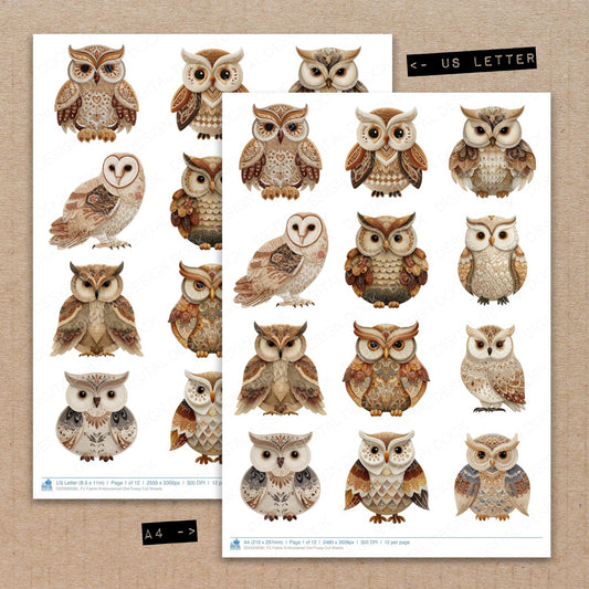 A4 and US Letter format comparison showing Fabric Embroidered Owl fussy cut pages for print and cut crafting