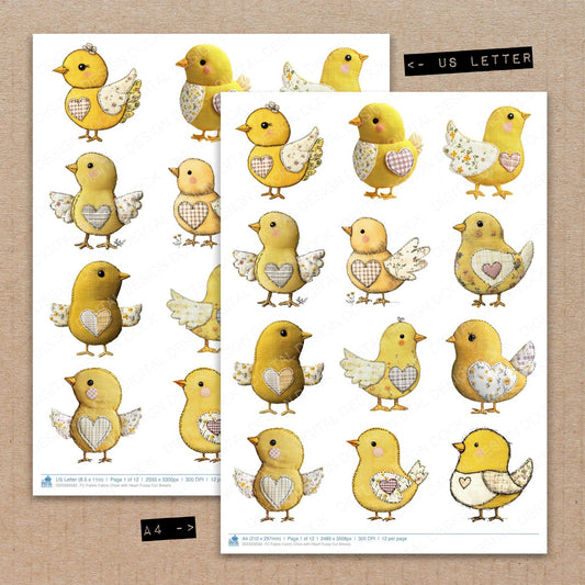 A4 and US Letter format comparison showing Fabric Fabric Chick with Heart fussy cut pages for print and cut crafting