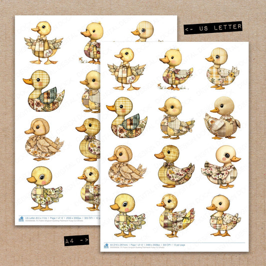 A4 and US Letter format comparison showing Fabric Gingham Duckling Patchwork fussy cut pages for print and cut crafting