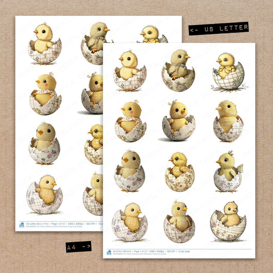 A4 and US Letter format comparison showing Fabric Hatching Chick Patchwork fussy cut pages for print and cut crafting