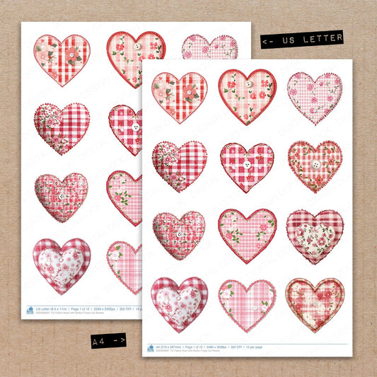 A4 and US Letter format comparison showing Fabric Heart with Button fussy cut pages for print and cut crafting