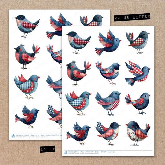 A4 and US Letter format comparison showing Fabric Patchwork Bird A fussy cut pages for print and cut crafting