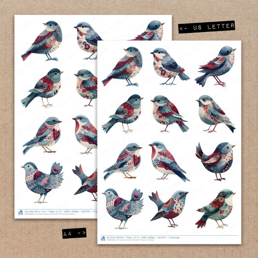 A4 and US Letter format comparison showing Fabric Patchwork Bird B fussy cut pages for print and cut crafting