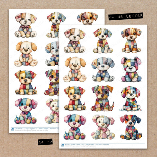 A4 and US Letter format comparison showing Fabric Patchwork Cute Dog Teddy fussy cut pages for print and cut crafting
