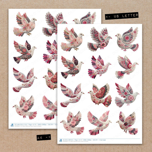 A4 and US Letter format comparison showing Fabric Patchwork Dove fussy cut pages for print and cut crafting