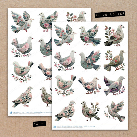 A4 and US Letter format comparison showing Fabric Patchwork Dove Branch fussy cut pages for print and cut crafting