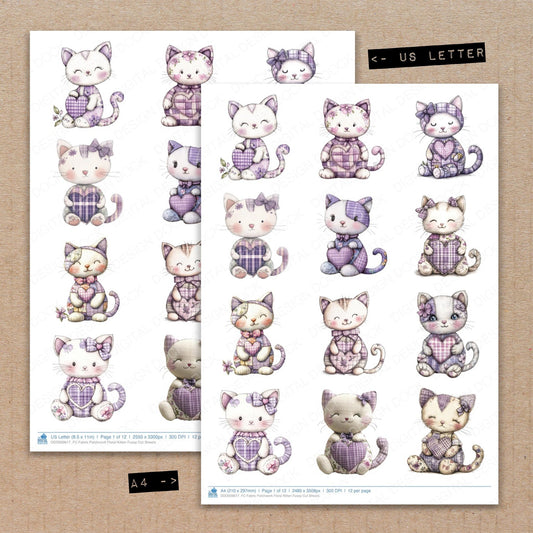 A4 and US Letter format comparison showing Fabric Patchwork Floral Kitten fussy cut pages for print and cut crafting