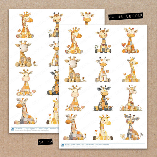 A4 and US Letter format comparison showing Fabric Patchwork Giraffe with Heart fussy cut pages for print and cut crafting