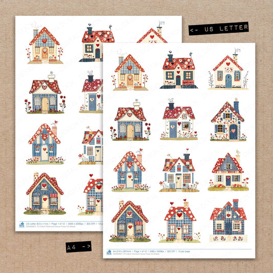 A4 and US Letter format comparison showing Fabric Patchwork House fussy cut pages for print and cut crafting