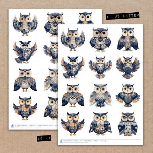 A4 and US Letter format comparison showing Fabric Patchwork Owl fussy cut pages for print and cut crafting