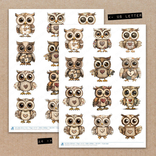 A4 and US Letter format comparison showing Fabric Patchwork Owl Gingham Wings fussy cut pages for print and cut crafting