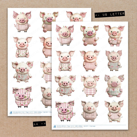 A4 and US Letter format comparison showing Fabric Patchwork Piglet Pastels fussy cut pages for print and cut crafting