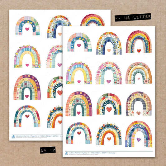 A4 and US Letter format comparison showing Fabric Patchwork Rainbow fussy cut pages for print and cut crafting